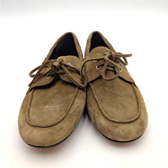 Vince Marin Round Toe Boat Loafer Women's Olivewood Suede Size US7M EU37 - Picture 13 of 14